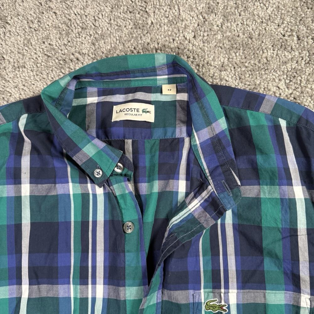 Lacoste Regular‎ Fit Blue Green Plaid Button Up Shirt Long Sleeve Mens 42
